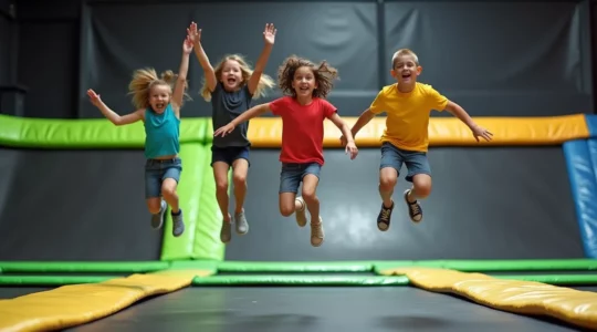 Enfants sautant joyeusement sur un trampoline dans un parc de loisirs moderne, ambiance festive d'anniversaire