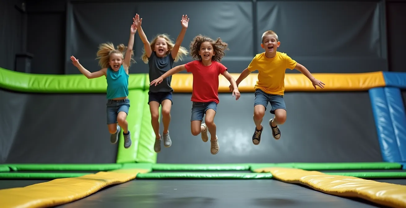 Enfants sautant joyeusement sur un trampoline dans un parc de loisirs moderne, ambiance festive d'anniversaire
