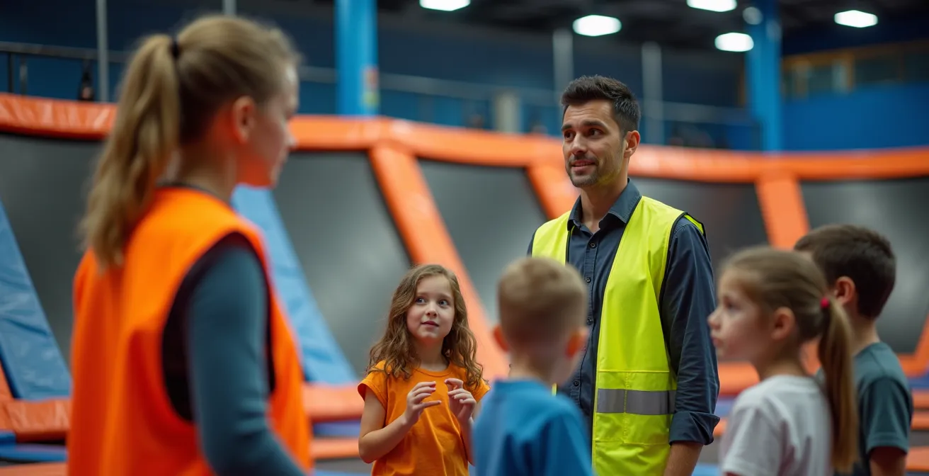 Animateur professionnel expliquant les consignes de sécurité à un groupe d'enfants avant l'activité trampoline